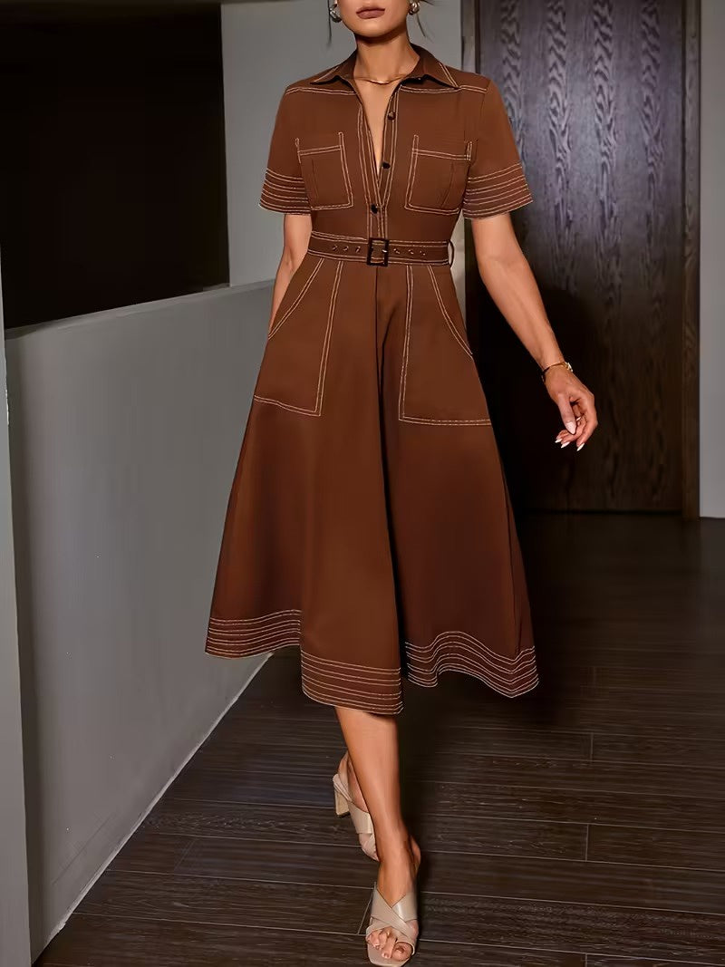 Damska Sukienka Midi z Kołnierzykiem i Paskiem