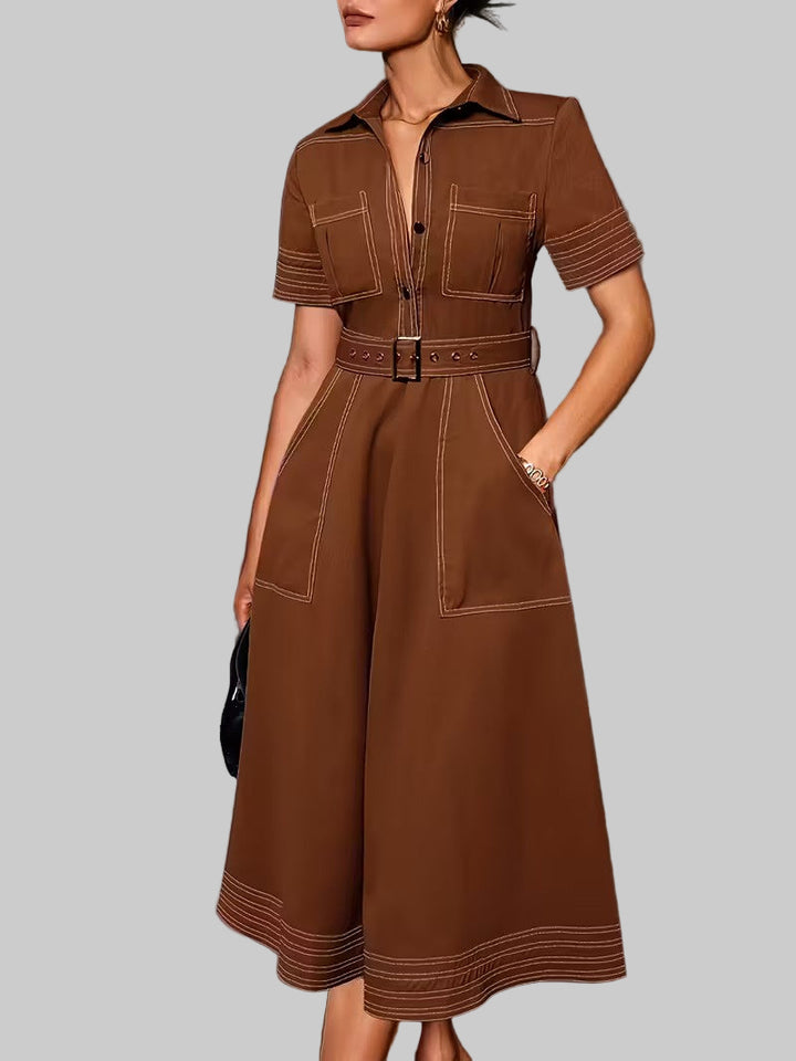 Damska Sukienka Midi z Kołnierzykiem i Paskiem