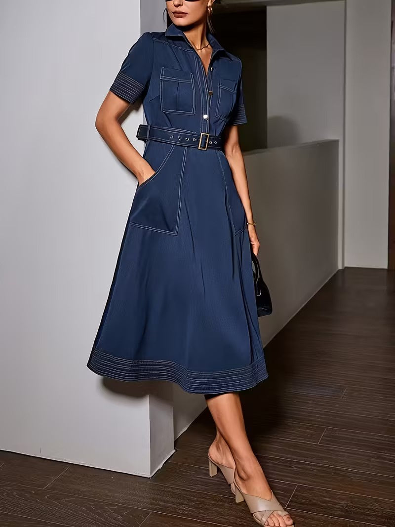 Damska Sukienka Midi z Kołnierzykiem i Paskiem