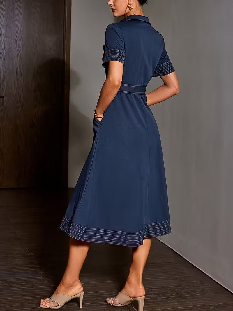 Damska Sukienka Midi z Kołnierzykiem i Paskiem