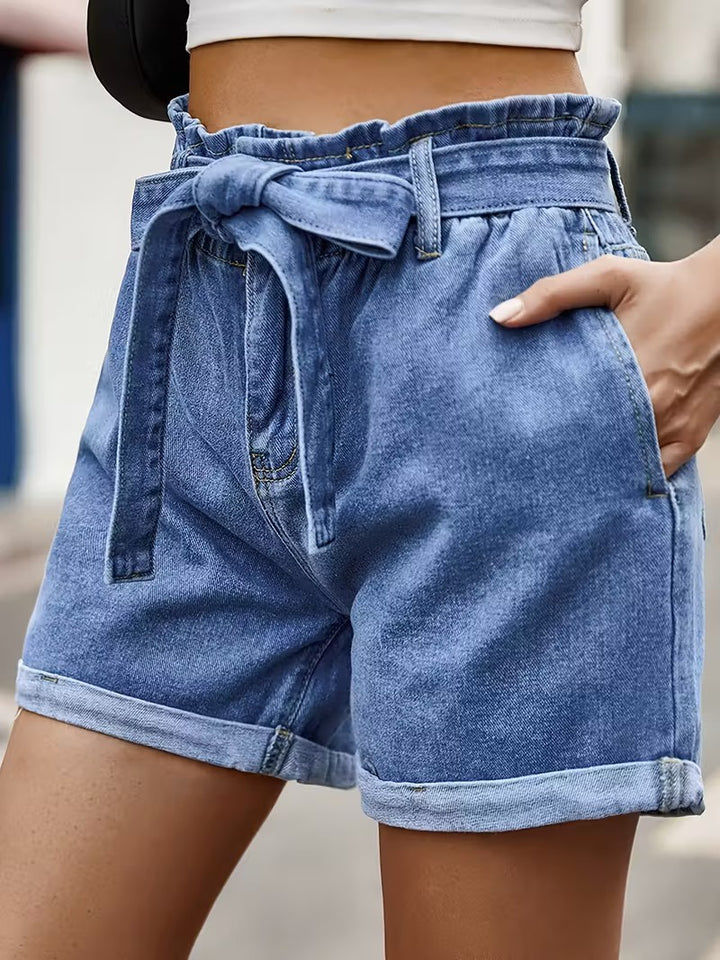 Damskie Jeansowe Szorty z Wysokim Stanem i Paskiem